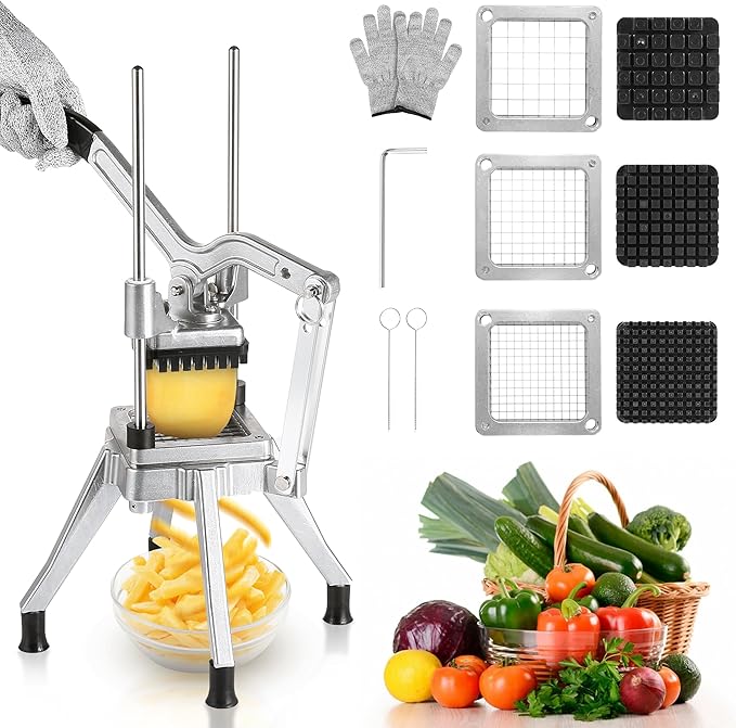 WICHEMI Commercial Vegetable Chopper Dicer Commercial Onion Chopper Dicer w/3 Replacement Blades Vegetable Fruit Chopper French Fry Cutter Heavy Duty Food Dicer Chopper for Potatoes Peppers Mushrooms