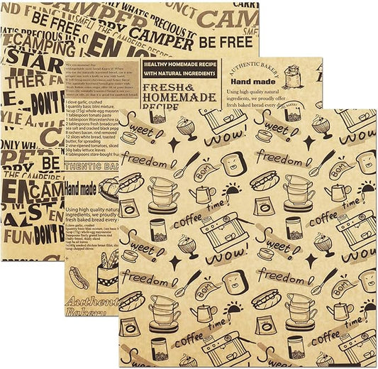 OTOPETE 300Pcs Food Paper Sheets, 10"x10" Greaseproof Paper Sheets, Three Patterns Kraft Paper, Food Basket Liner, Tray Liner, Wrapping Bread Hamburger Sandwiches, for Family, Bakery, Picnic, Party