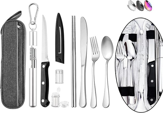 Portable Reusable Utensils Silverware With Case, Travel Camping Cutlery Set, Chopsticks and Straw Flatware, Stainless Steel Utensil Set Silver