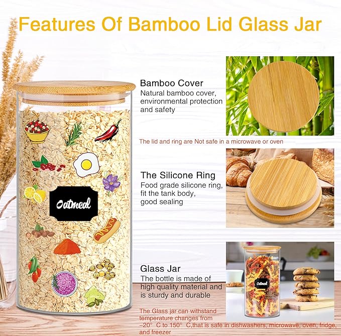 Glass Storage Jars 45 oz 4 Pcs Clear Glass Food Storage Containers with Airtight Bamboo Lid Stackable Kitchen Canisters for Candy,Cookie,Rice,Sugar,Flour,Pasta,Nuts and Spice Jars