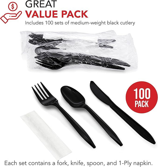 Party Essentials Individually Wrapped Plastic Cutlery Packets/Silverware Kits, Black Fork/Spoon/Knife/Napkin, 100 Sets
