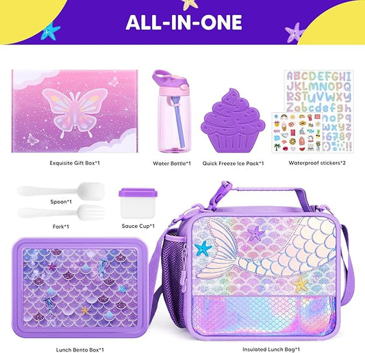 JYPS Mermaid Bento Box for Kids with Insulated Lunch Bag, Lunch box Set with kids water bottle,Sauce Container,Ice Pack,Utensils,Perfect Lunch Container for Girls and Toddlers Back to School Age 7-15