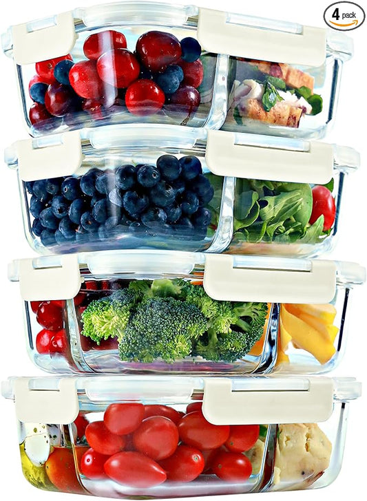 FIT Strong & Healthy 2 & 3 Compartments Glass Meal Prep Containers – Portion Control Containers, Food Storage w/Lids, Freezer Safe, Leak-Proof Glass Lunch Box with Compartments, 32 oz, Beige, 4 Pack