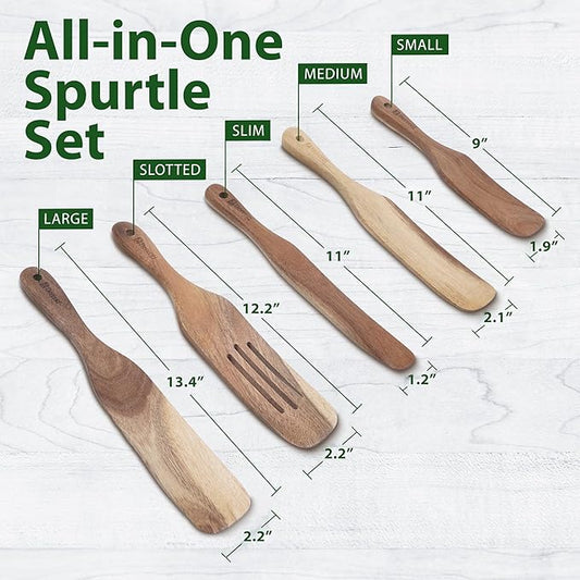 5 Pcs Wooden Spurtle Set - 100% Natural Acacia Wood Cooking Utensils Set - Safe for Nonstick Cookware - Stirs Like a Spoon, Flips Like A Spatula - Spurtles Kitchen Tools Wooden As Seen On TV Paddle