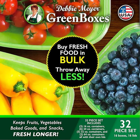 Debbie Meyer GreenBoxes 32 Piece Set – Keeps Fruits, Vegetables, Baked Goods and Snacks Fresh Longer, Reusable, BPA Free, Microwave and Dishwasher Safe, Made in USA