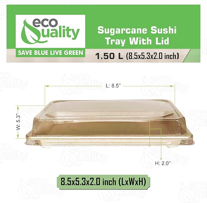 EcoQuality X-Large Compostable Sushi Trays with Lids - Natural Sugarcane Bagasse Take Out Sushi Container - Biodegradable, Disposable Sushi Plate with Lid, Eco Friendly, To go, Serving Tray (300)