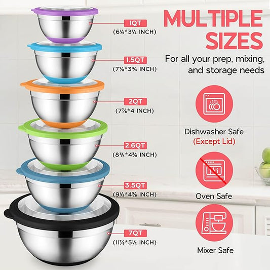 Colorful Mixing Bowl Set of 6 for Kitchen Large Stainless Steel Metal Nesting Mixing Bowls with Airtight Lids Non Slip - Size 1, 1.5, 2, 2.6, 3.5, 7QT