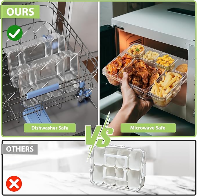 Freshmage Snackle Box Container - 2 Pack, 7 Compartment Divided Serving Tray with Lid, Portable Clear Snack Box Containers for Candy, Fruits, Nuts, and Snacks – Perfect for Travel, Parties, Picnics