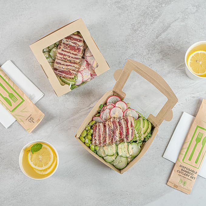 Restaurantware-Sustain 26 Ounce Sturdy Paper Take Out Boxes, 50 Disposable Take Out Food Containers - With PLA lining, Clear PLA Window, Bamboo Paper Containers, Compostable, Tab-Lock Design