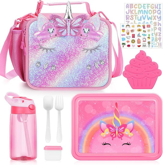 JYPS Unicorn Bento Box for Kids with Insulated Lunch Bag, Lunch box Set with kids water bottle,Sauce Container,Ice Pack,Utensils,Perfect Lunch Container for Girls and Toddlers Back to School Age 7-15