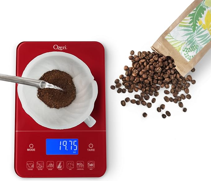 Ozeri Touch III 22 lb (10 kg) Digital Kitchen Scale with Calorie Counter in Tempered Glass, Red Engine