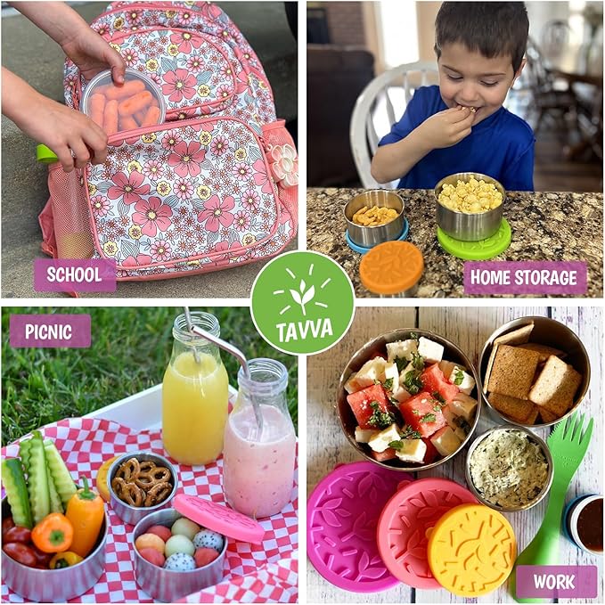 Stainless Steel Lunch Containers for Kids [12oz/ 7oz/ 3oz] - BPA-Free Metal Lunchbox with Leakproof Silicone Lids - Lunch Box for Kids - Small Snack Food Containers with Lids - Dishwasher Safe