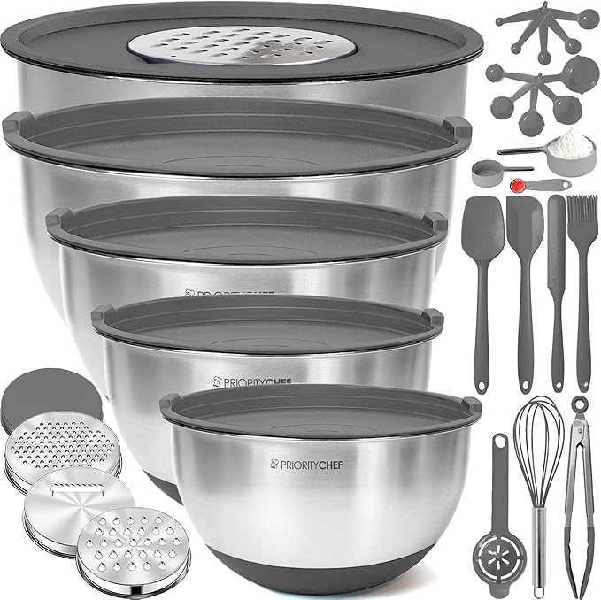 Priority Chef 28Pc Stainless Steel Mixing Bowls with Lids Set, Non-Slip Base, Air Tight Lids, 3 Graters and Utensil Set, Large Metal Nesting Bowls for Kitchen, Grey