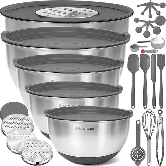 Priority Chef 28Pc Stainless Steel Mixing Bowls with Lids Set, Non-Slip Base, Air Tight Lids, 3 Graters and Utensil Set, Large Metal Nesting Bowls for Kitchen, Grey