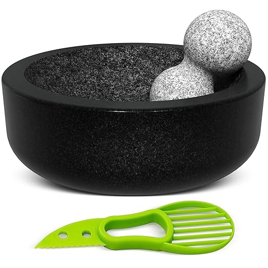 Umien™ Granite Mortar and Pestle Set - 100% Granite - 3.5-Cups - 8-Inch – Avocado Tool Included – Natural Stone Molcajete for Spices, Pestos, & Guacamole (Black) - Stone Grinder - Guacamole