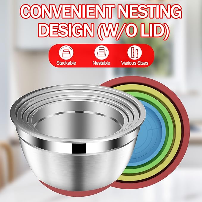 Mixing Bowls with Strainer, Mixing Bowl with Lids Set, Stainless Steel Mixing Bowls, Kitchen Gadgets 2025 Salad Bowls with Strainer for Mixing & Preping & Baking, Multicolor