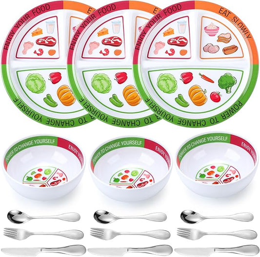 6 Pcs Bariatric Portion Control Set with 3 Bariatric Plates 3 Portion Control Bowls and Stainless Steel Flatwares for Adults Diet Balanced Eating Weight Loss Serving Plans (Colorful)