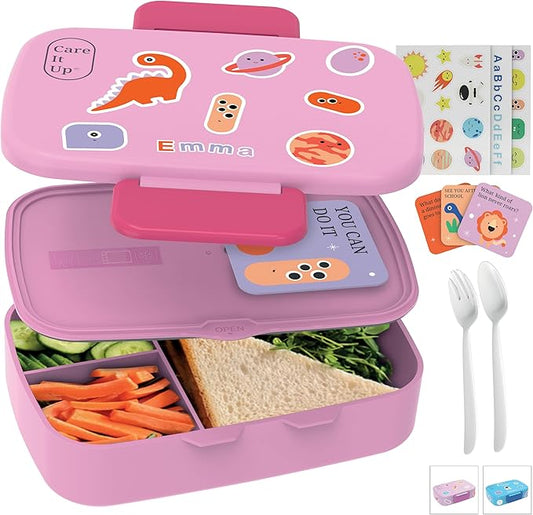 Kids Bento Lunch Box For Boys and Girls With Free Cutlery Set, 6 Sticker Sheets (5+ Years) and Parent Cards - 880 ML Leakproof 3 Compartment Lunch Box for kids, Portion Control Bento Box Kids - Pink