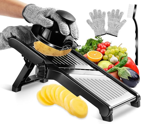 MASTERTOP Mandoline Slicer Adjustable Stainless Steel Food Slicer for Kitchen Vegetable Slicer Onion Potato Fruit French Fry Cutter Potato Chip Julienne Slicer with Cut Resistant Gloves