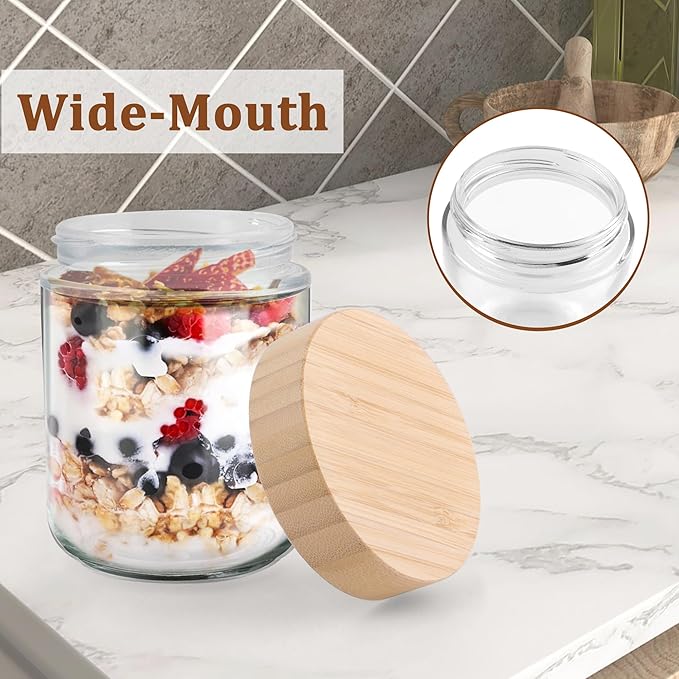 Glass jar with Bamboo lids 6 Set, 16oz overnight oats containers with lids, Glass Mason jars, Reusable Meal Prep Jars with Airtight Lids for Food Yogurt Snacks Storage