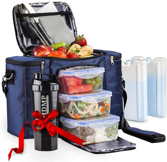 My Daily Meal Plan Navy Blue 45 Oz. Insulated Lunch Bag/Box For Men, Women + 3 Large Food Containers + 2 Big Reusable Ice Packs + Shoulder Strap + Shaker With Storage