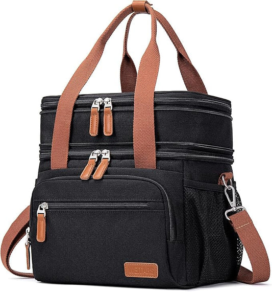 Weitars Lunch Bag For Women Men-Dual Compartment Large Lunch Box For Men Adult Lunch Box For Nurse Office Working Picnic Hiking (15L, Black/kahki)