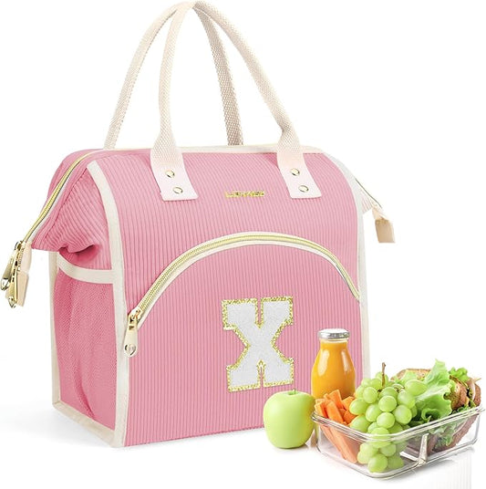 Personalized Initials Lunch Box for Women& Men, Preppy Reusable 10 L Insulated Lunch Bag, Leakproof Large Xdults lunch tote Cooler Bags Insulated for Beach,Travel,Work, Picnic-Birthday Gifts（Pink X）