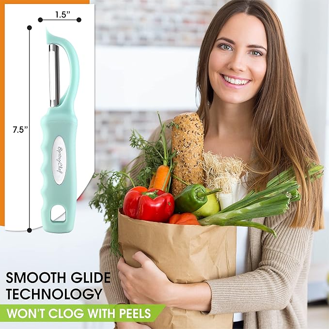 Spring Chef Premium Swivel Vegetable Peeler & Stainless Steel Magnetic Measuring Cups & Spoons, Set of 15 with Leveler - 2 Product Bundle - Mint