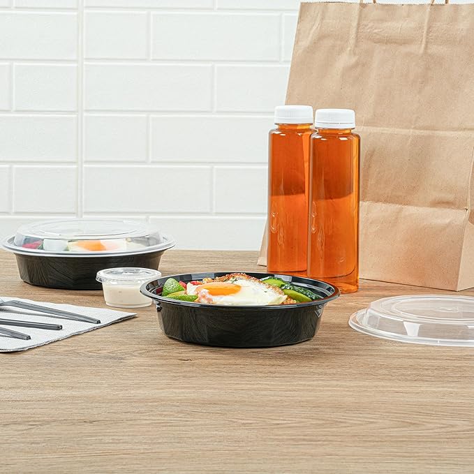 Restaurantware Asporto 24 Ounce To Go Boxes 100 Microwavable Take Out Food Containers - Clear Plastic Lids Included Do Not Contain BPA Black Plastic Catering Food Containers Disposable Round