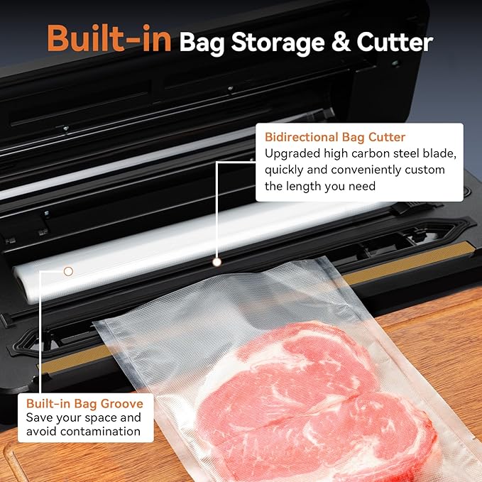 Vacuum Sealer Machine, Food Sealer Machine 80KPA Automatic 8-IN-1 for Food Saving Dry/Moist Mode with Build-in Cutter&Storage, Digital Countdown, Air Suction Hose, 2 Roll-Bags, 11 Vacuum Bags