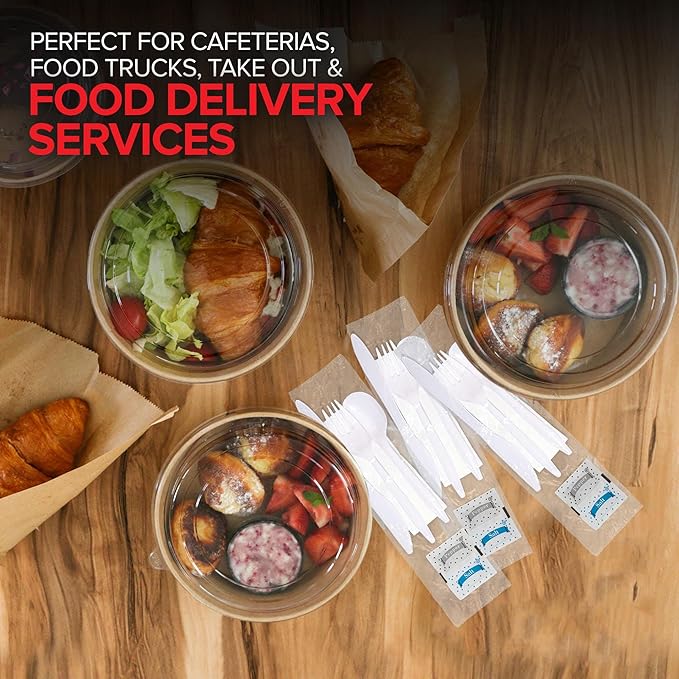 Individually Wrapped Plastic Cutlery Set with Napkin + Salt & Pepper Packets in White (50 Count) Prewrapped Disposable Silverware Bags, Bulk Utensils: Fork, Knife, and Spoon for Togo Eating