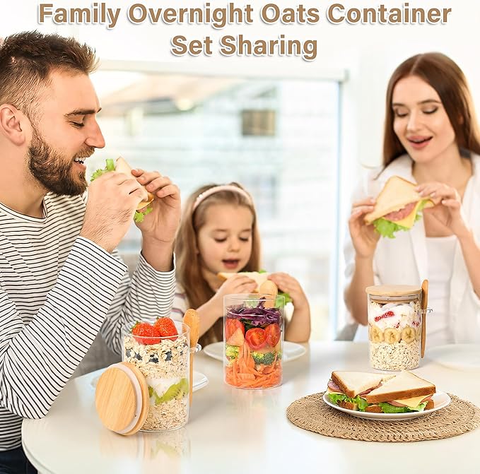 Overnight Oats Containers with Lids,4 Pack 18oz Overnight Oats Jars with Spoons,Salad Meal Prep Jar with Bamboo Lids for Chia Seed Pudding Salad Cereal Coffee Flour,Sourdough Starter Jar for Bread