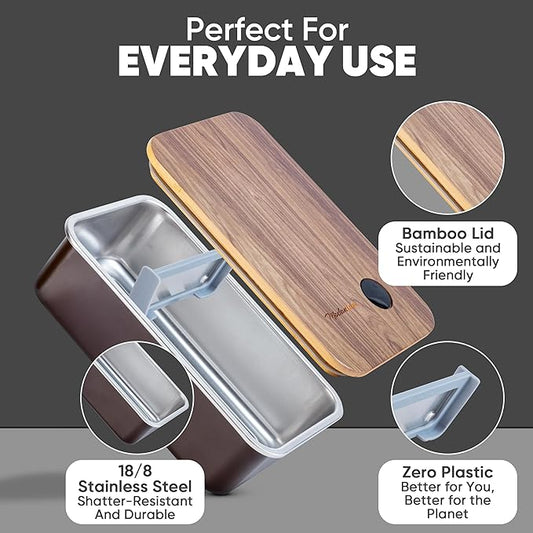 Leak Resistant Stainless Steel Bento Box For Adults|Stainless Steel Lunch Box for Adults |44Oz| BentoBox/Lunchbox| Lunch Container | Microwave Safe (Bottom container) |Bamboo Lid- Mocha Brown