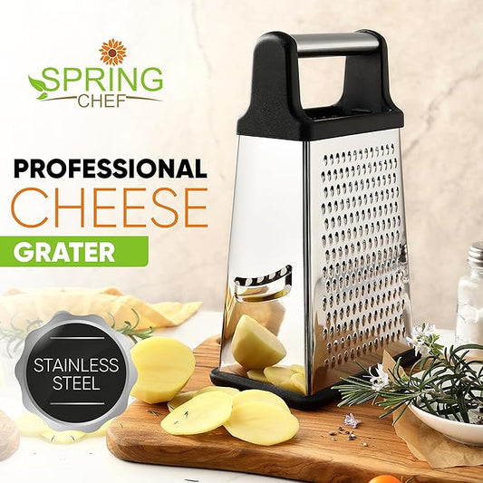 Spring Chef Professional Box Grater, XL Size, Black & Stainless Steel Round Measuring Cups, Set of 7-2 Product Bundle