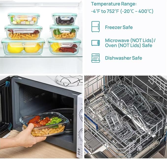 8 Pack Glass Food Storage Containers with Airtight Lids, Glass Meal Prep Containers, Bento Boxes for Lunch, for Microwave, Oven, Freezer and Dishwasher, BPA Free