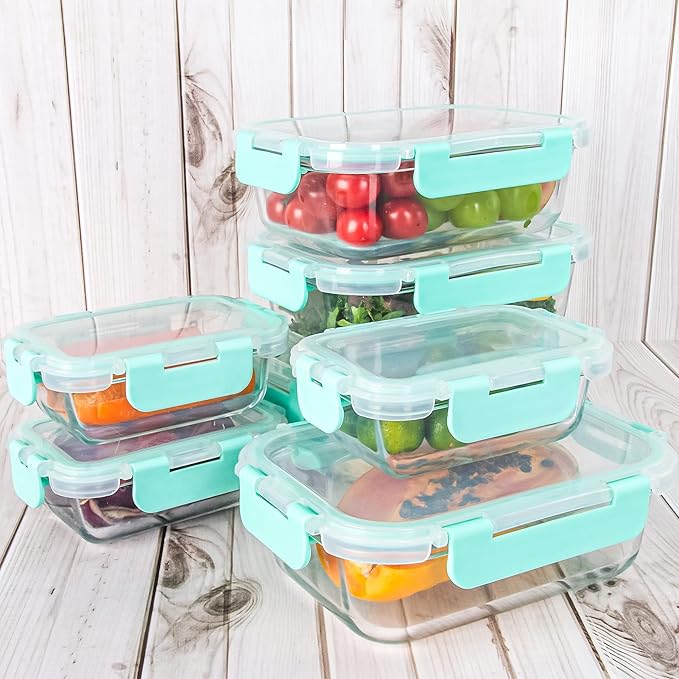 12 Pack Glass Storage Containers with Lids, Glass Meal Prep Containers Set, Airtight Food Storage Containers, Green