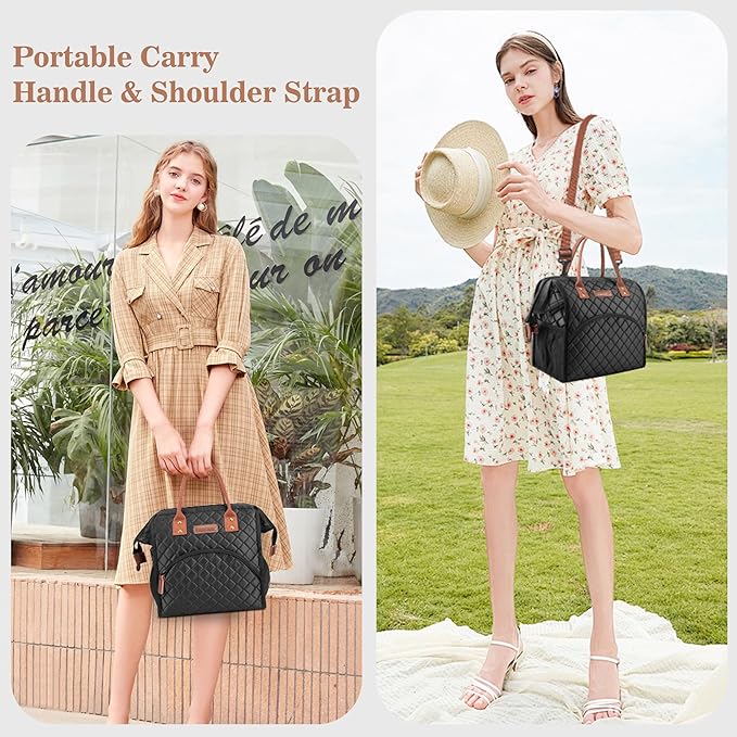 LOKASS Lunch Bag Insulated Lunch Box Wide-Open Lunch Tote Bag with Removable Shoulder Strap for Women/Men Adults Work Picnic Hiking Beach Fishing(Black)