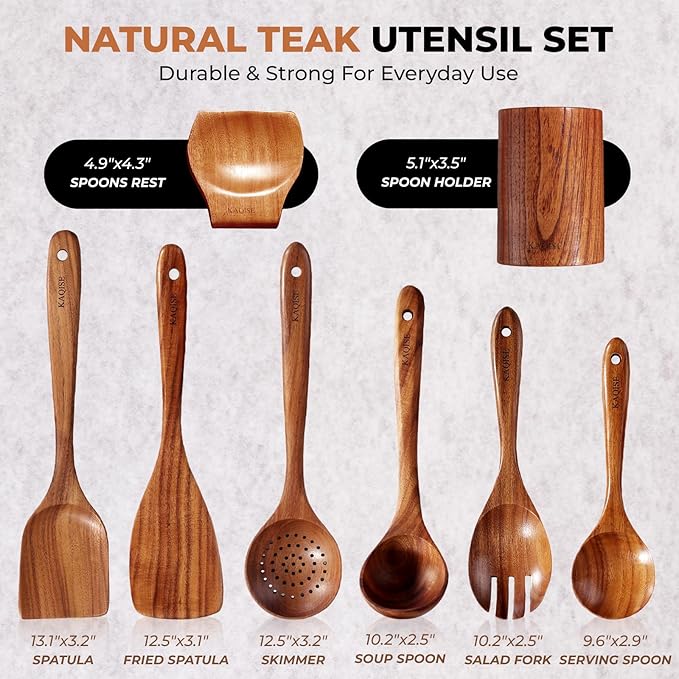 Wooden Kitchen Utensils Set, 10Pcs Premium Teak Wood Spatula, Skimmer and Spoons for Cooking, Non-stick kitchen Tools for Families
