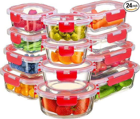 FineDine 24 Piece Glass Storage Containers with Lids - Leak Proof, Dishwasher Safe Glass Food Storage Containers for Meal Prep or Leftovers, Red