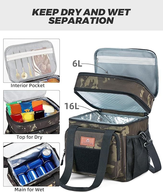 Expandable XLarge Tactical Lunch Box for Adults, Waterproof Insulated Lunch Bag with Lots of Storage Space, Durable Cooler Bag for Men Women Work Outdoor Picnic Trips, 22L(Black-Camo), HSHRISH