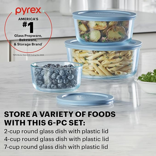 Pyrex Year of Colors (3-Pack) Tinted Glass Food Storage Containers Set, (2, 4 & 7 Cup) Meal Prep Containers With BPA-Free Lids, Dishwasher & Microwave Safe, Blue