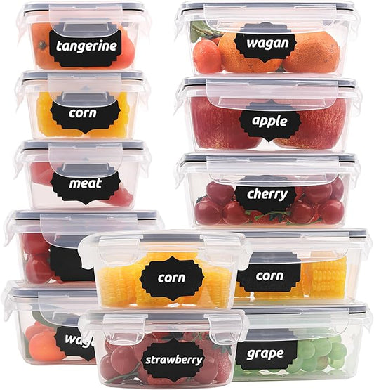 12-Piece Set of Clear Plastic Food Storage Containers with Gasket Seal Box Lids, 12 Containers and 12 Lids, Leak Proof Stackable, For Kitchen Fridge, Meal Prep Lunch Containers