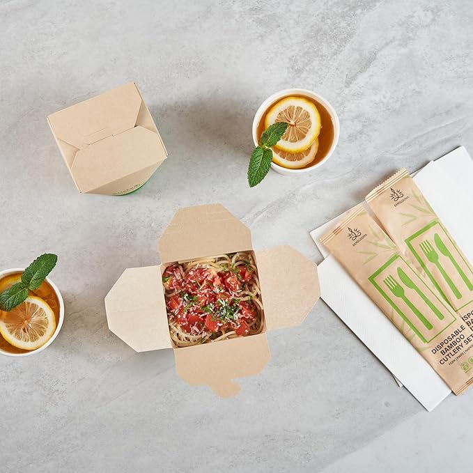 Restaurantware Sustain 26 Ounce Sturdy Paper Take Out Boxes, 200 Disposable Take Out Food Containers - With PLA lining, Compostable, Bamboo Paper Containers, Built-In Tab-Lock Cover, Greaseproof
