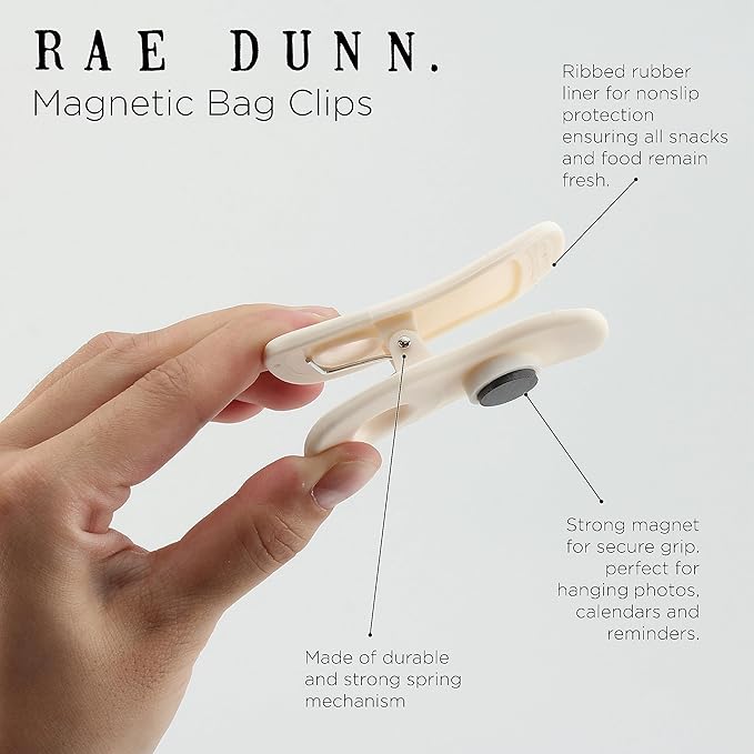 Rae Dunn Bag Clips with Magnet - Chip Clips, Food Storage with Air Tight Seal Grip for Bread, Snack and Food Bags, Pack of 10, White