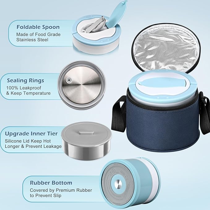 MAXSO Food Jar for Hot Food - 24 OZ Soup Thermo for Adults Vacuum Insulated Lunch Containers with Foldable Spoon & Thermal Bag, Wide Mouth Leakproof Bento Box - Blue