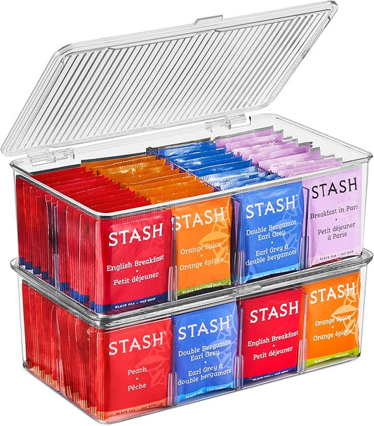 Sorbus 2 Pack Tea Bag Organizer Bins w/Lids & 4 Removable Dividers, Clear Plastic Food Packet Snack Organizer, Stackable Pantry Organization, Kitchen Storage, Fridge Bins, Sturdy Cabinet Organizers