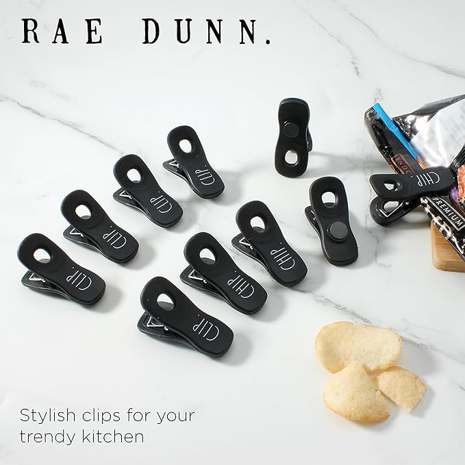 Rae Dunn Bag Clips with Magnet - Food Clips, Chip Clips, Bag Clips for Food Storage with Air Tight Seal Grip for Bread Bags, Snack Bags and Food Bags, Pack of 10, Black