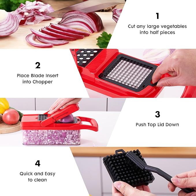 New 26 in 1 Ultimate Vegetable Chopper – Multi-Function Vegetable Slicer for Slice, Dice, Chop, Grate and Spiralize - Hand Kitchen Slicer for Food and Salad - Kitchen Essential (Red)
