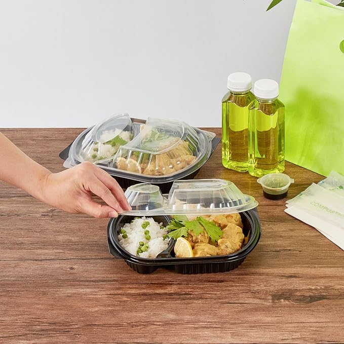 RW Base 28 Ounce Meal Prep Containers, 100 Microwavable To Go Containers With Lids - 2 Compartments, Disposable, Black Plastic Oval Food Containers, For Hot And Cold Food, Freezable - Restaurantware