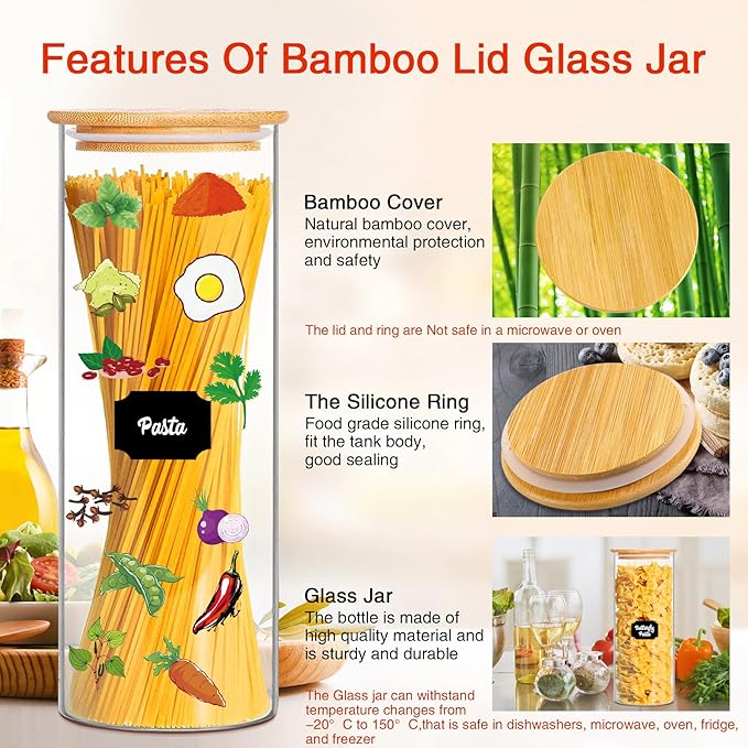 Glass Jars with Bamboo Lids, 72oz 3Pcs Kitchen Glass Containers with Bamboo Lids, Airtight Glass Pantry Storage Containers with Lids for Spaghetti, Pasta, Rice, Nuts, Flour, Bean, Dry Foods